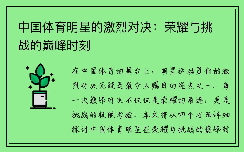 中国体育明星的激烈对决：荣耀与挑战的巅峰时刻